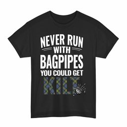 ScotsTee Shop Scottish MacSporran Ancient Clan Tartan Never Run With Bagpipes T-Shirt