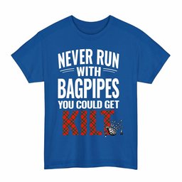 ScotsTee Shop Scottish Perthshire District Clan Tartan Never Run With Bagpipes T-Shirt