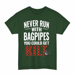 ScotsTee Shop Scottish MacPhee Modern Clan Tartan Never Run With Bagpipes T-Shirt