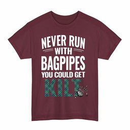 ScotsTee Shop Scottish MacNeill of Colonsay Ancient Clan Tartan Never Run With Bagpipes T-Shirt