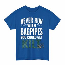 ScotsTee Shop Scottish MacNeill of Colonsay Ancient Clan Tartan Never Run With Bagpipes T-Shirt