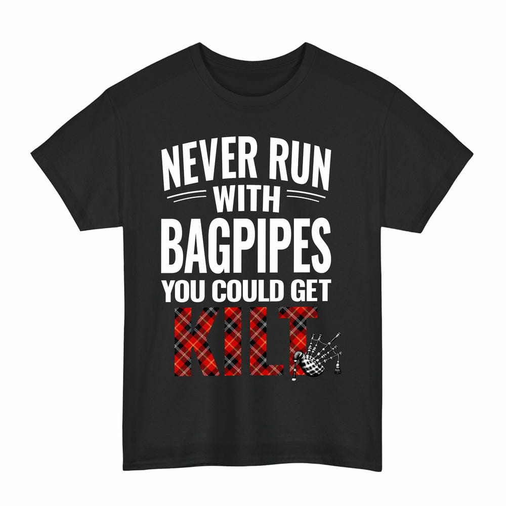 ScotsTee Shop Scottish Marjoribanks Clan Tartan Never Run With Bagpipes T-Shirt