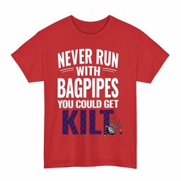 ScotsTee Shop Scottish Pride of Glencoe Clan Tartan Never Run With Bagpipes T-Shirt