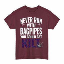 ScotsTee Shop Scottish Pride of Glencoe Clan Tartan Never Run With Bagpipes T-Shirt