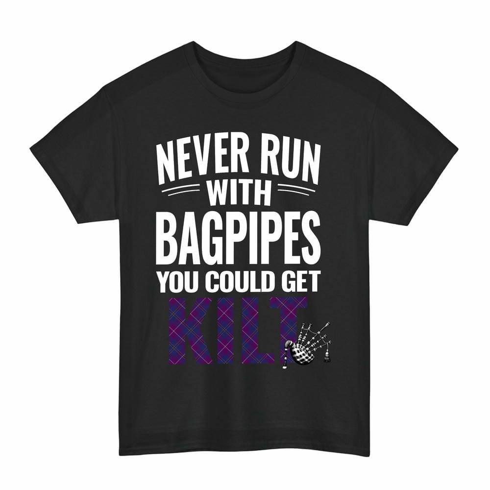 ScotsTee Shop Scottish Pride of Glencoe Clan Tartan Never Run With Bagpipes T-Shirt
