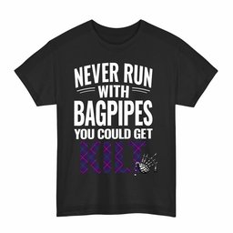 ScotsTee Shop Scottish Pride of Glencoe Clan Tartan Never Run With Bagpipes T-Shirt