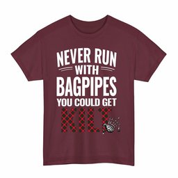 ScotsTee Shop Scottish Roxburgh District Clan Tartan Never Run With Bagpipes T-Shirt