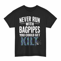 ScotsTee Shop Scottish US Marine Clan Tartan Never Run With Bagpipes T-Shirt