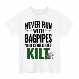 ScotsTee Shop Scottish Tribe of Mar Clan Tartan Never Run With Bagpipes T-Shirt