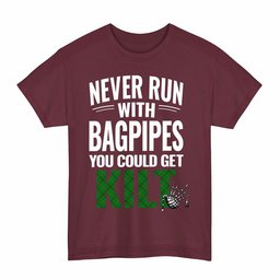 ScotsTee Shop Scottish Tribe of Mar Clan Tartan Never Run With Bagpipes T-Shirt