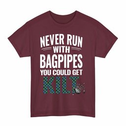 ScotsTee Shop Scottish Mouat Clan Tartan Never Run With Bagpipes T-Shirt