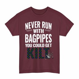 ScotsTee Shop Scottish MacNeill of Barra Modern Clan Tartan Never Run With Bagpipes T-Shirt