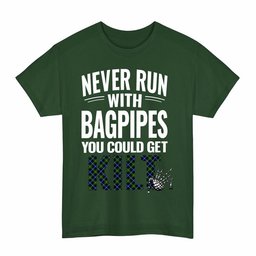 ScotsTee Shop Scottish MacNeill of Barra Modern Clan Tartan Never Run With Bagpipes T-Shirt