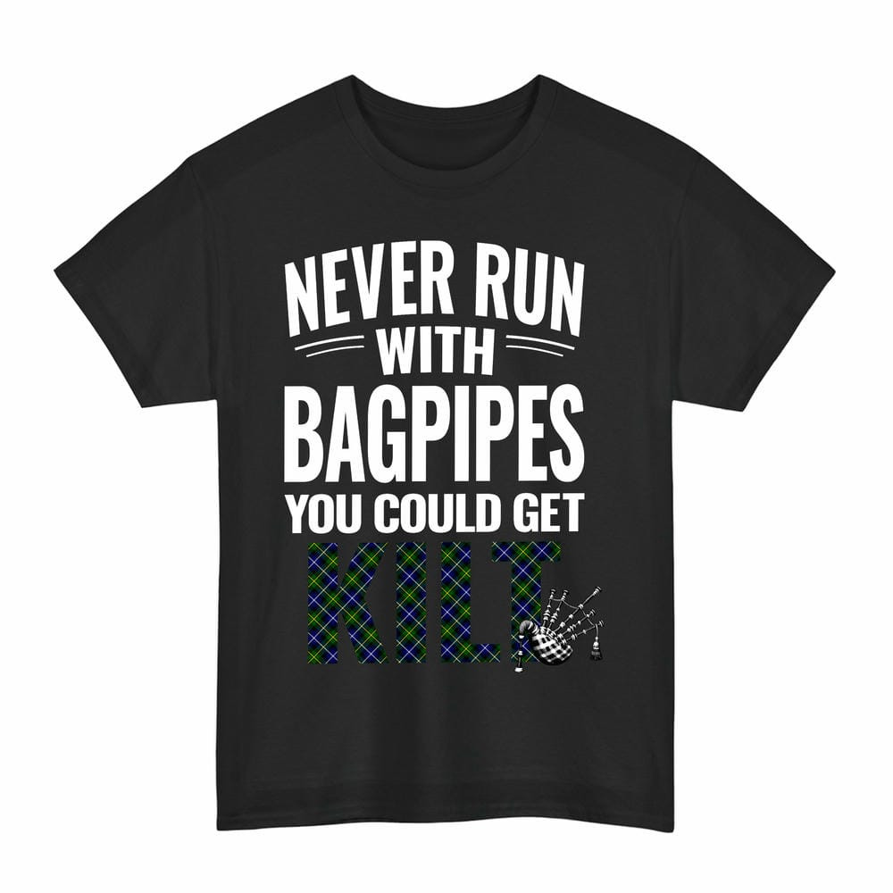 ScotsTee Shop Scottish MacNeill of Barra Modern Clan Tartan Never Run With Bagpipes T-Shirt
