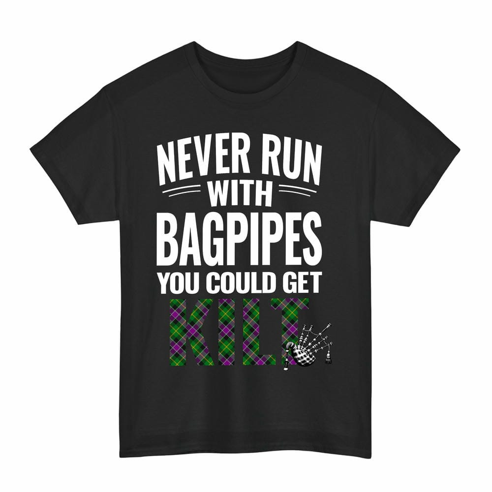 ScotsTee Shop Scottish Selkirk Clan Tartan Never Run With Bagpipes T-Shirt