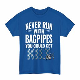 ScotsTee Shop Scottish Strathclyde District Clan Tartan Never Run With Bagpipes T-Shirt