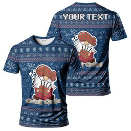 ScotsTee Shop Scottish MacLaine (McLaine) Clan Personalized Christmas Tartan T-Shirt Funny Gnome Playing Bagpipes Style