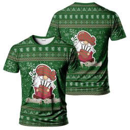 ScotsTee Shop Scottish MacLaine (McLaine) Clan Personalized Christmas Tartan T-Shirt Funny Gnome Playing Bagpipes Style