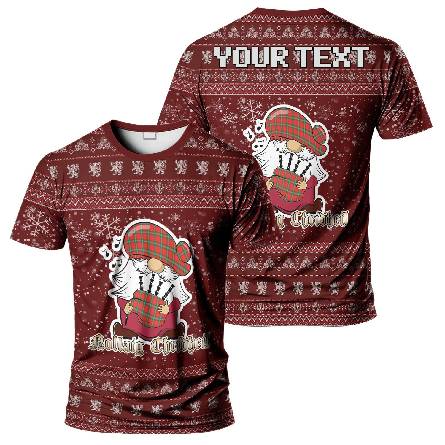 ScotsTee Shop Scottish MacLaine (McLaine) Clan Personalized Christmas Tartan T-Shirt Funny Gnome Playing Bagpipes Style