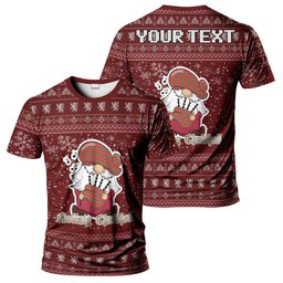 ScotsTee Shop Scottish MacLaine (McLaine) Clan Personalized Christmas Tartan T-Shirt Funny Gnome Playing Bagpipes Style