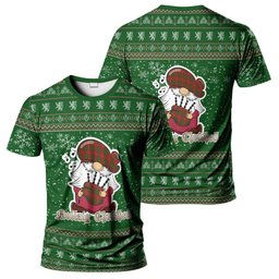 ScotsTee Shop Scottish Cameron Clan Personalized Christmas Tartan T-Shirt Funny Gnome Playing Bagpipes Style
