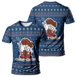 ScotsTee Shop Scottish Cameron Clan Personalized Christmas Tartan T-Shirt Funny Gnome Playing Bagpipes Style