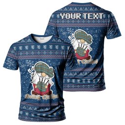 ScotsTee Shop Scottish Brisbane Clan Personalized Christmas Tartan T-Shirt Funny Gnome Playing Bagpipes Style