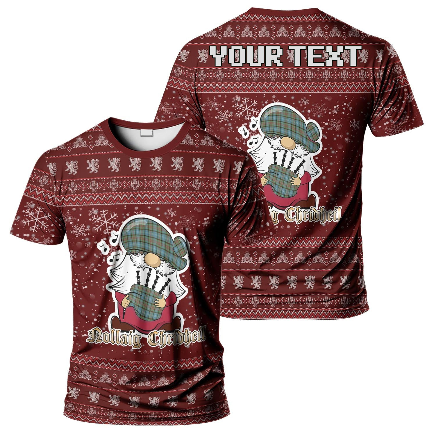 ScotsTee Shop Scottish Brisbane Clan Personalized Christmas Tartan T-Shirt Funny Gnome Playing Bagpipes Style