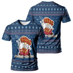 ScotsTee Shop Scottish McGuire Modern Clan Personalized Christmas Tartan T-Shirt Funny Gnome Playing Bagpipes Style