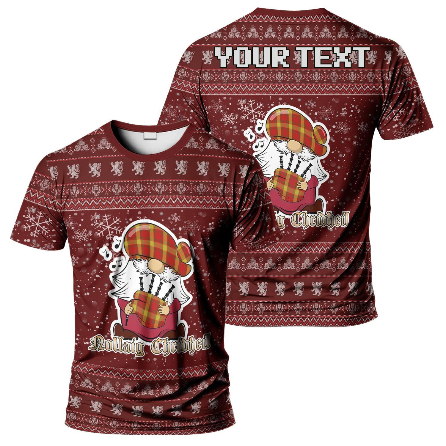ScotsTee Shop Scottish McGuire Modern Clan Personalized Christmas Tartan T-Shirt Funny Gnome Playing Bagpipes Style