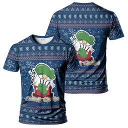 ScotsTee Shop Scottish Currie Clan Personalized Christmas Tartan T-Shirt Funny Gnome Playing Bagpipes Style