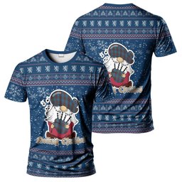 ScotsTee Shop Scottish Cameron Hunting Clan Personalized Christmas Tartan T-Shirt Funny Gnome Playing Bagpipes Style