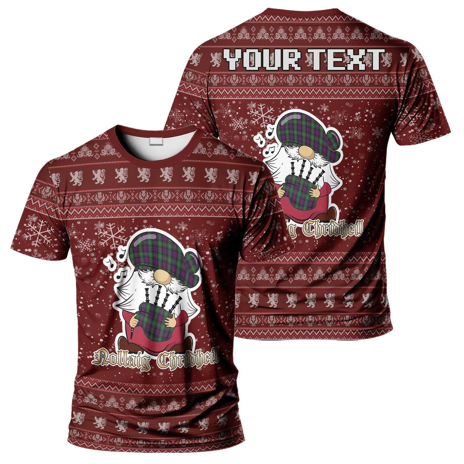 ScotsTee Shop Scottish Wilson Clan Personalized Christmas Tartan T-Shirt Funny Gnome Playing Bagpipes Style