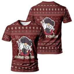 ScotsTee Shop Scottish Logan Clan Personalized Christmas Tartan T-Shirt Funny Gnome Playing Bagpipes Style
