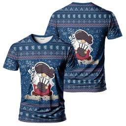ScotsTee Shop Scottish Logan Clan Personalized Christmas Tartan T-Shirt Funny Gnome Playing Bagpipes Style