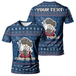 ScotsTee Shop Scottish Outlander Clan Personalized Christmas Tartan T-Shirt Funny Gnome Playing Bagpipes Style