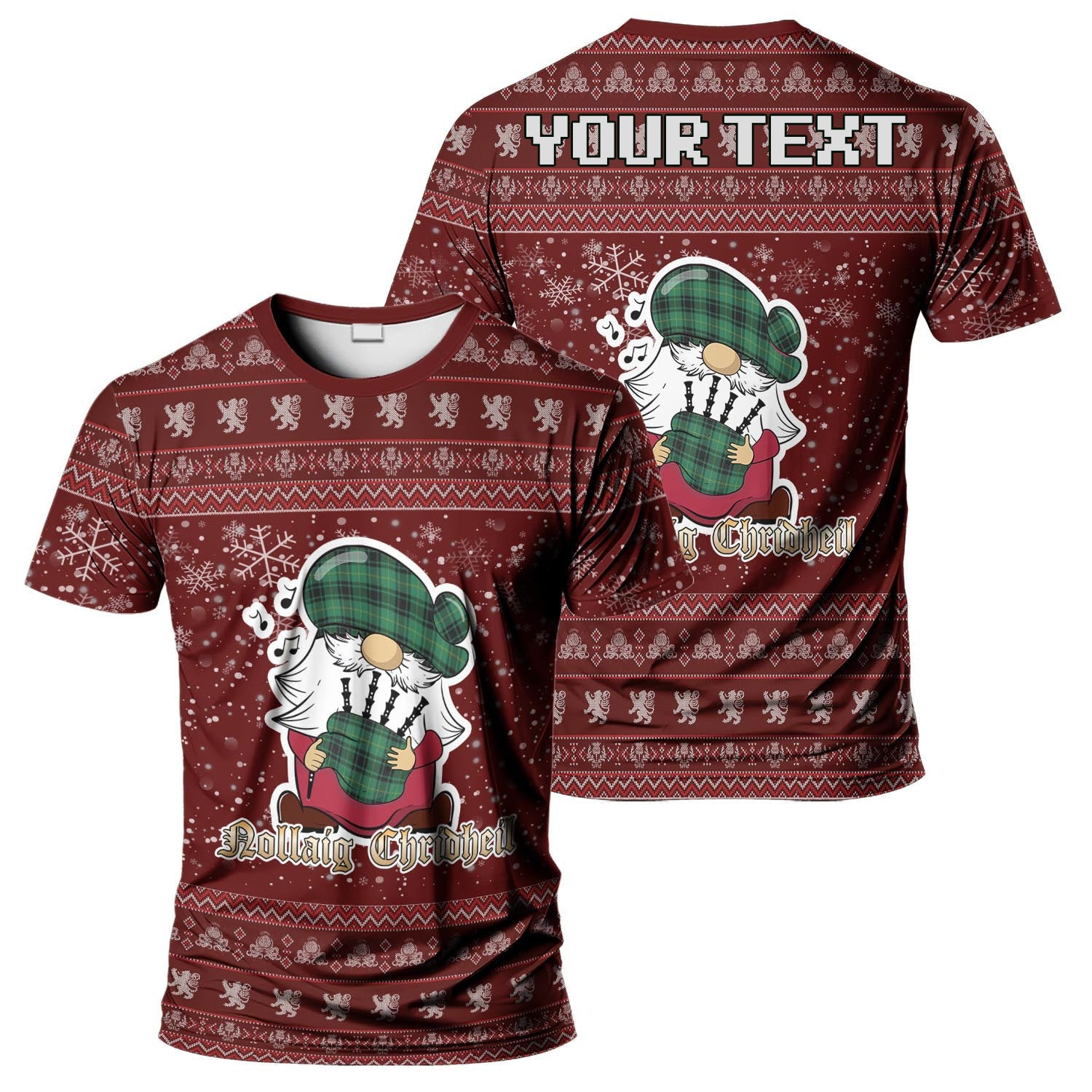 ScotsTee Shop Scottish MacArthur Ancient Clan Personalized Christmas Tartan T-Shirt Funny Gnome Playing Bagpipes Style