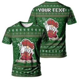 ScotsTee Shop Scottish MacBain Clan Personalized Christmas Tartan T-Shirt Funny Gnome Playing Bagpipes Style