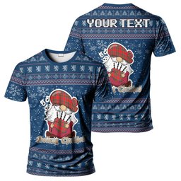 ScotsTee Shop Scottish MacBain Clan Personalized Christmas Tartan T-Shirt Funny Gnome Playing Bagpipes Style