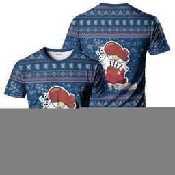ScotsTee Shop Scottish MacBain Clan Personalized Christmas Tartan T-Shirt Funny Gnome Playing Bagpipes Style