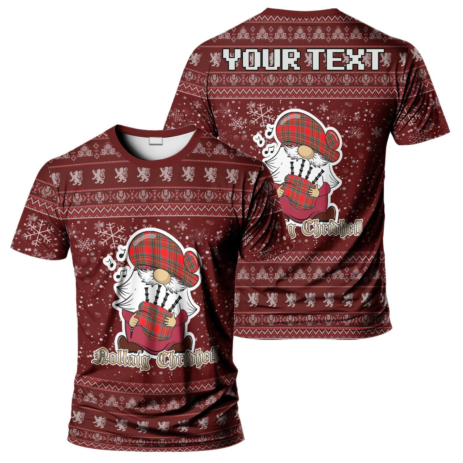 ScotsTee Shop Scottish MacBain Clan Personalized Christmas Tartan T-Shirt Funny Gnome Playing Bagpipes Style
