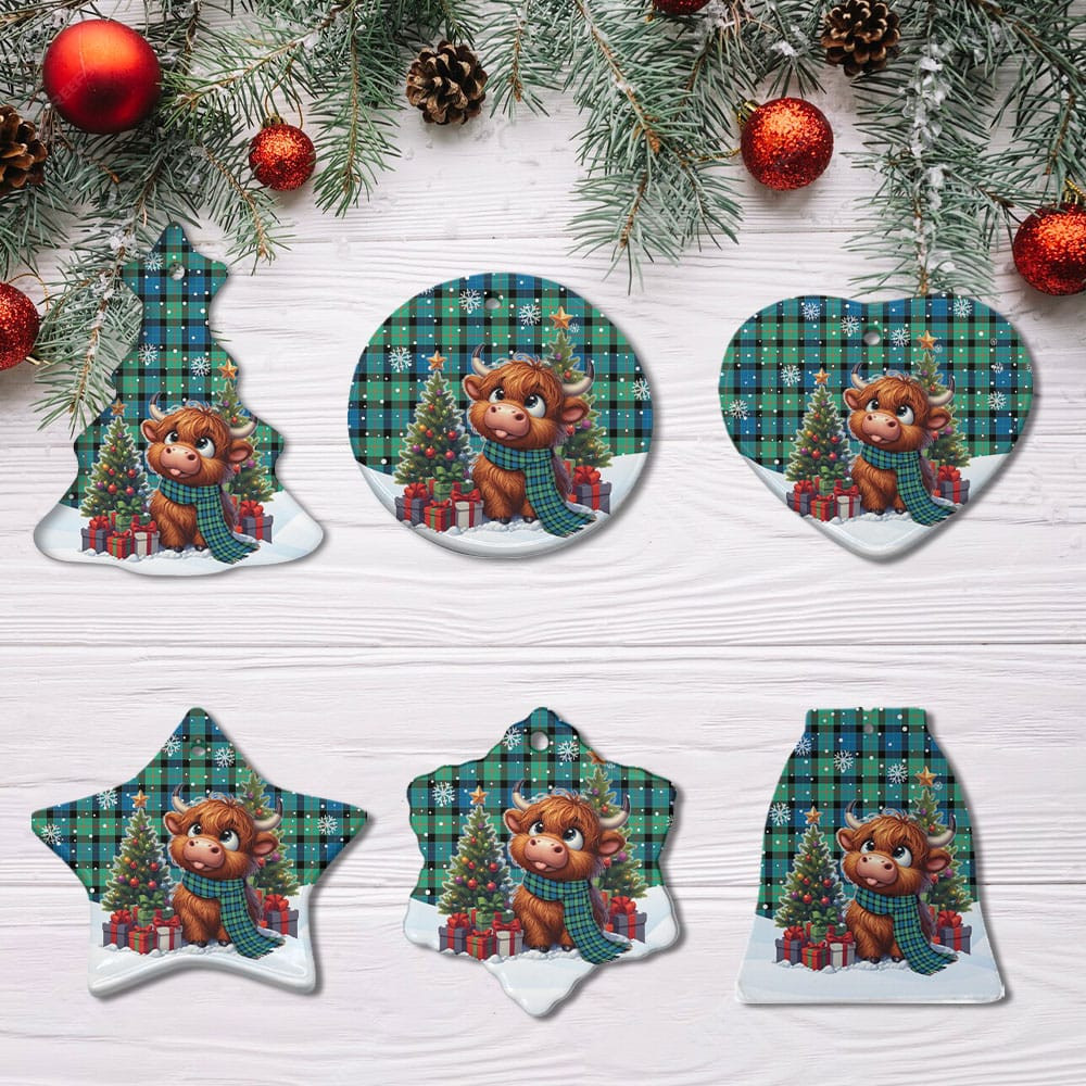 ScotsTee Shop Scottish Gunn Ancient Clan Tartan Ceramic Ornament Cute Highland Cow Christmas