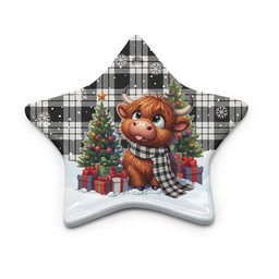 ScotsTee Shop Scottish MacFarlane Black & White Ancient Clan Tartan Ceramic Ornament Cute Highland Cow Christmas