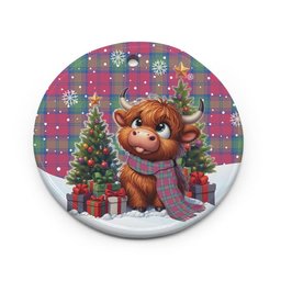 ScotsTee Shop Scottish Lindsay Ancient Clan Tartan Ceramic Ornament Cute Highland Cow Christmas