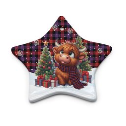 ScotsTee Shop Scottish Brown Modern Clan Tartan Ceramic Ornament Cute Highland Cow Christmas