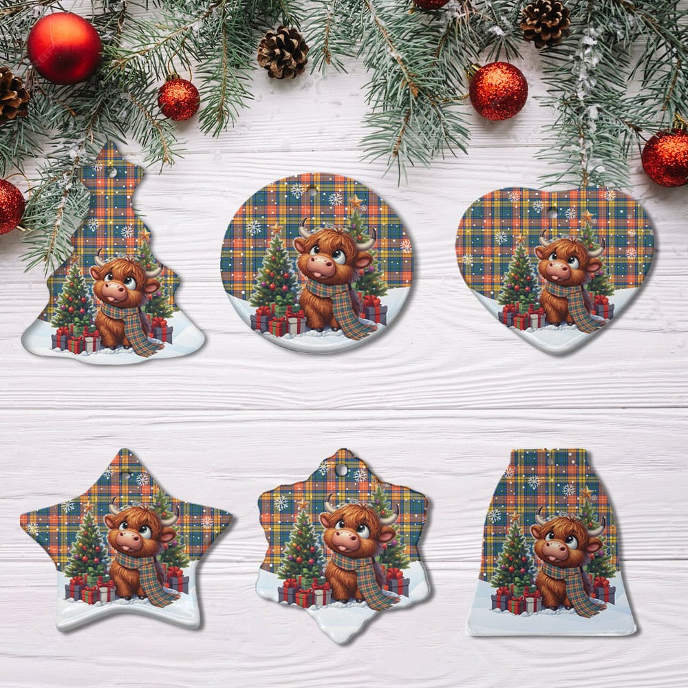 ScotsTee Shop Scottish Buchanan Ancient Clan Tartan Ceramic Ornament Cute Highland Cow Christmas
