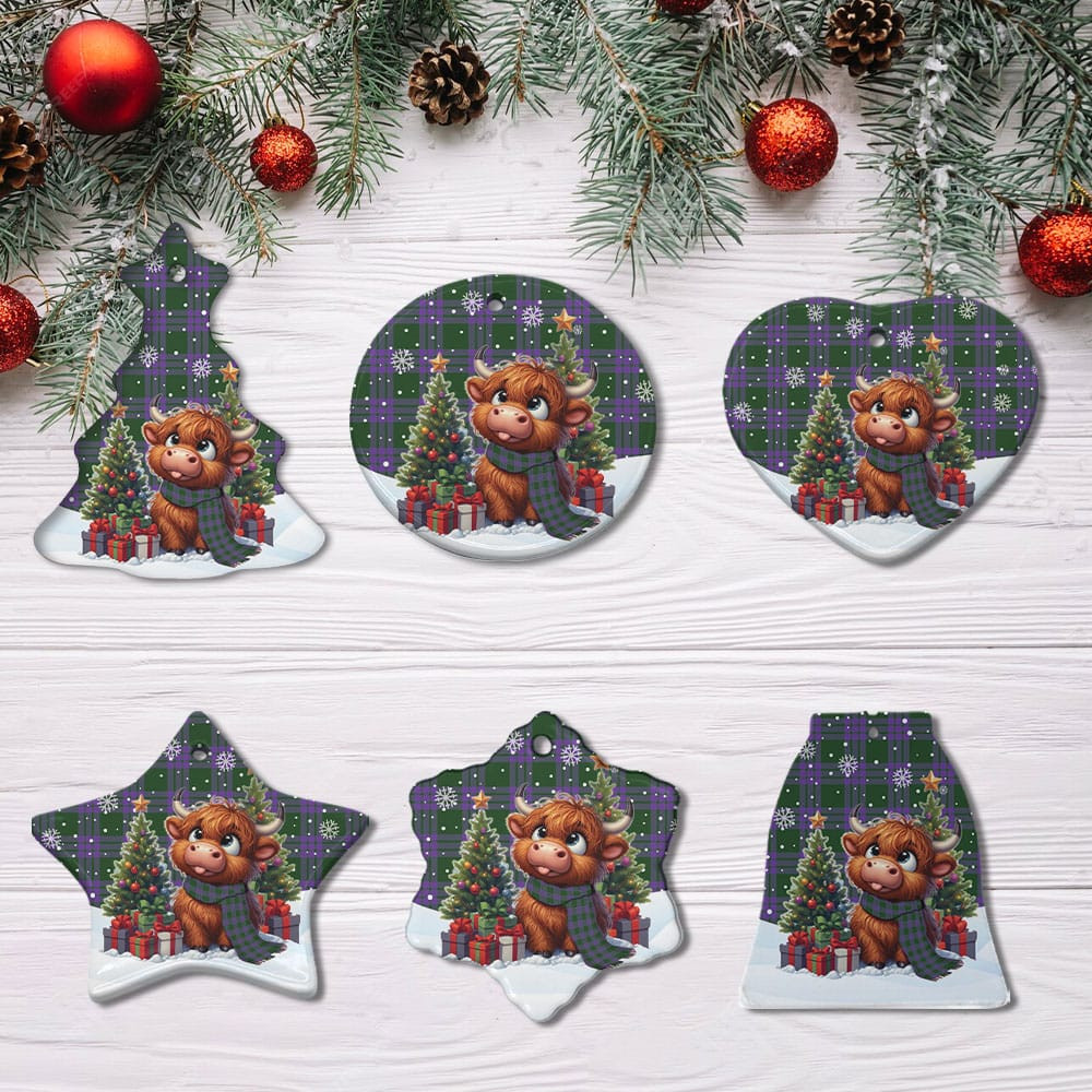 ScotsTee Shop Scottish Elphinstone Clan Tartan Ceramic Ornament Cute Highland Cow Christmas