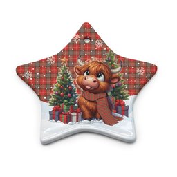 ScotsTee Shop Scottish Fraser Weathered Clan Tartan Ceramic Ornament Cute Highland Cow Christmas