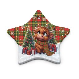 ScotsTee Shop Scottish Leask Clan Tartan Ceramic Ornament Cute Highland Cow Christmas