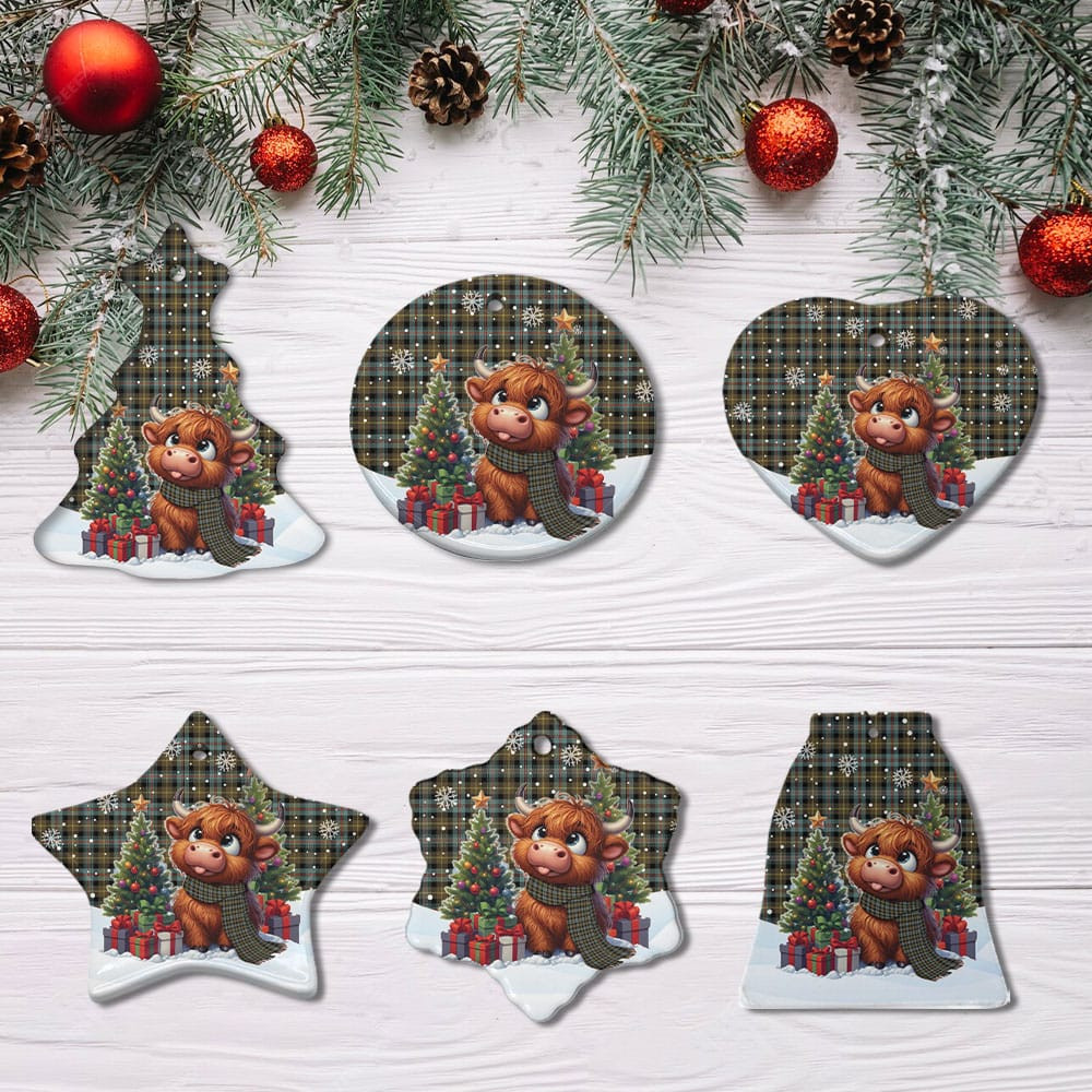 ScotsTee Shop Scottish Farquharson Weathered Clan Tartan Ceramic Ornament Cute Highland Cow Christmas
